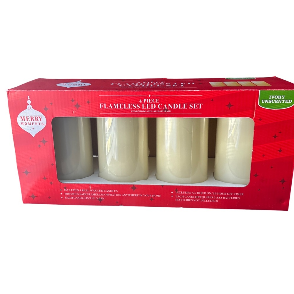 Merry Moments 4 Pc Flamless LED Ivory Unscented Candle Set Christmas Holiday